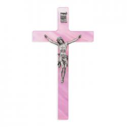  7\" PEARLIZED PINK CROSS WITH PEWTER CORPUS 